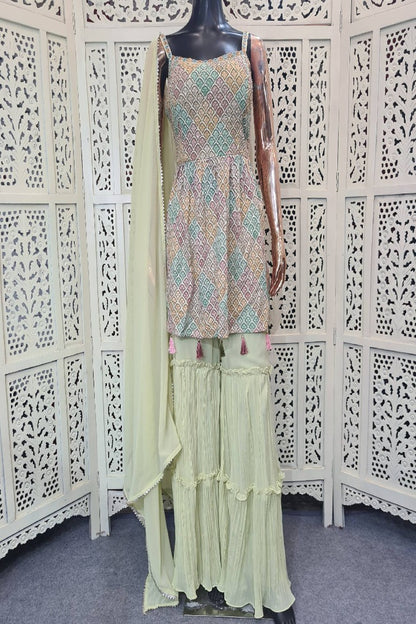 Peplum Sharara Suit Set In Pista Green-spendworthclothing-Color_Pista Green,Easy-Returns,Free-Shipping,Item Type_Plazo Suits,Item Type_Sharara Garara Suits,Material_Soft Georgette,Plazo-Suits,Sharara-Garara-Suits,Size_Large,Size_Medium,Size_Small,Speedy-Deliveries,SUIT-SETS