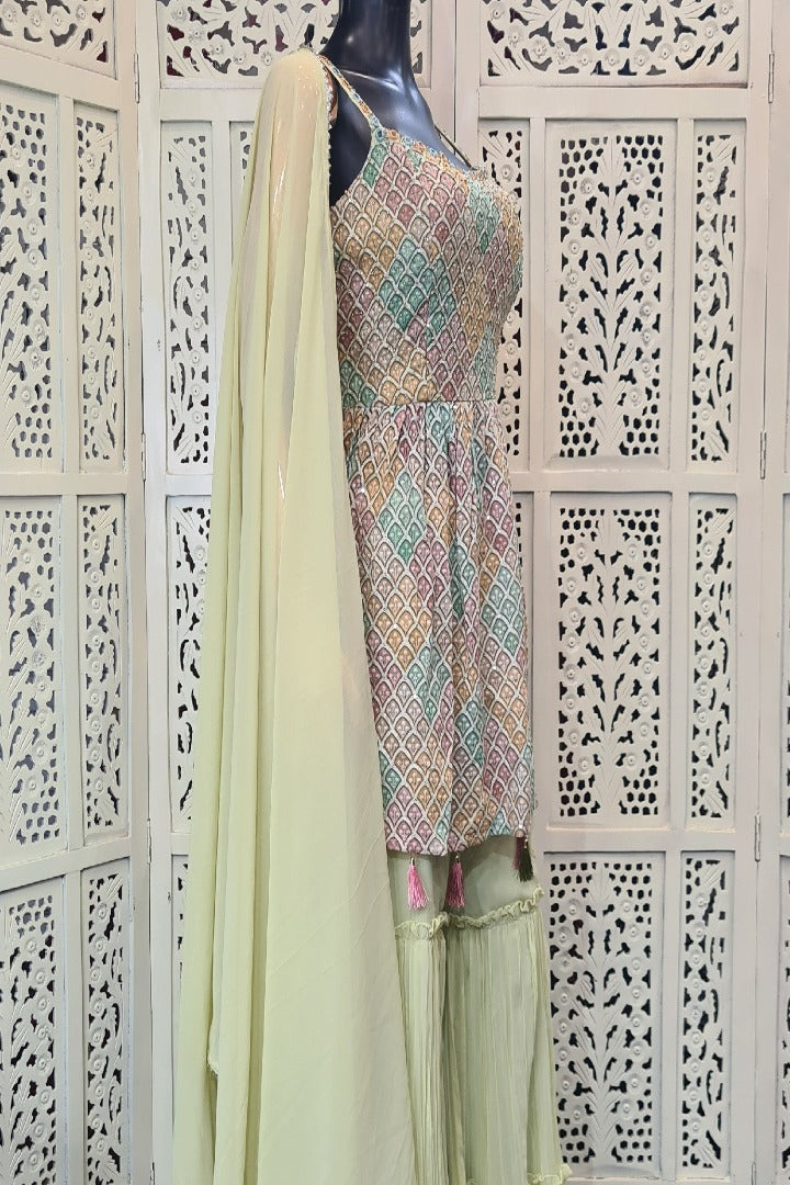 Peplum Sharara Suit Set In Pista Green-spendworthclothing-Color_Pista Green,Easy-Returns,Free-Shipping,Item Type_Plazo Suits,Item Type_Sharara Garara Suits,Material_Soft Georgette,Plazo-Suits,Sharara-Garara-Suits,Size_Large,Size_Medium,Size_Small,Speedy-Deliveries,SUIT-SETS