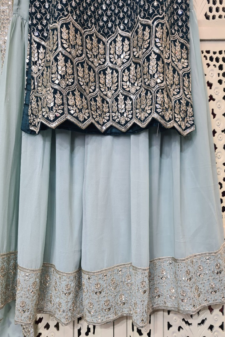 Sharara Suit In Contrast In Blue-spendworthclothing-Color_Blue,Easy-Returns,Free-Shipping,Item Type_Plazo Suits,Item Type_Sharara Garara Suits,Material_Georgette,Plazo-Suits,Sharara-Garara-Suits,Size_Large,Size_Medium,Size_Small,Speedy-Deliveries,SUIT-SETS