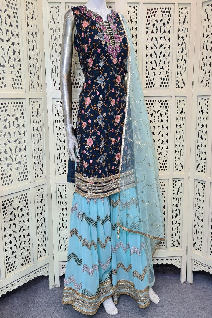 Georgette Sharara Suit in Contrast In Blue-spendworthclothing-Color_Blue/Sky Blue,Easy-Returns,Free-Shipping,Item Type_Plazo Suits,Item Type_Sharara Garara Suits,Material_Georgette,Plazo-Suits,Sharara-Garara-Suits,Size_Large,Size_Medium,Size_Small,Speedy-Deliveries,SUIT-SETS
