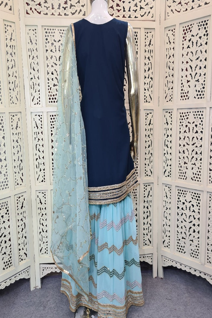Georgette Sharara Suit in Contrast In Blue-spendworthclothing-Color_Blue/Sky Blue,Easy-Returns,Free-Shipping,Item Type_Plazo Suits,Item Type_Sharara Garara Suits,Material_Georgette,Plazo-Suits,Sharara-Garara-Suits,Size_Large,Size_Medium,Size_Small,Speedy-Deliveries,SUIT-SETS
