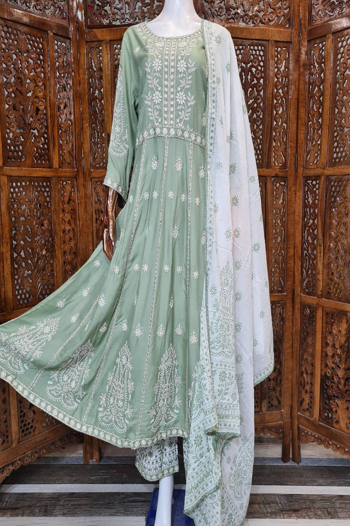 Anarkali Viscouse Chikan Thread Work Kurta Set in Green-spendworthclothing-Color_Pista Green,Cotton-Suits-sets,Easy-Returns,Free-Shipping,Item Type_Cotton Suits Sets,Item Type_Plazo Suits,Material_Viscose,Plazo-Suits,Size_Large,Size_XL,Speedy-Deliveries,SUIT-SETS
