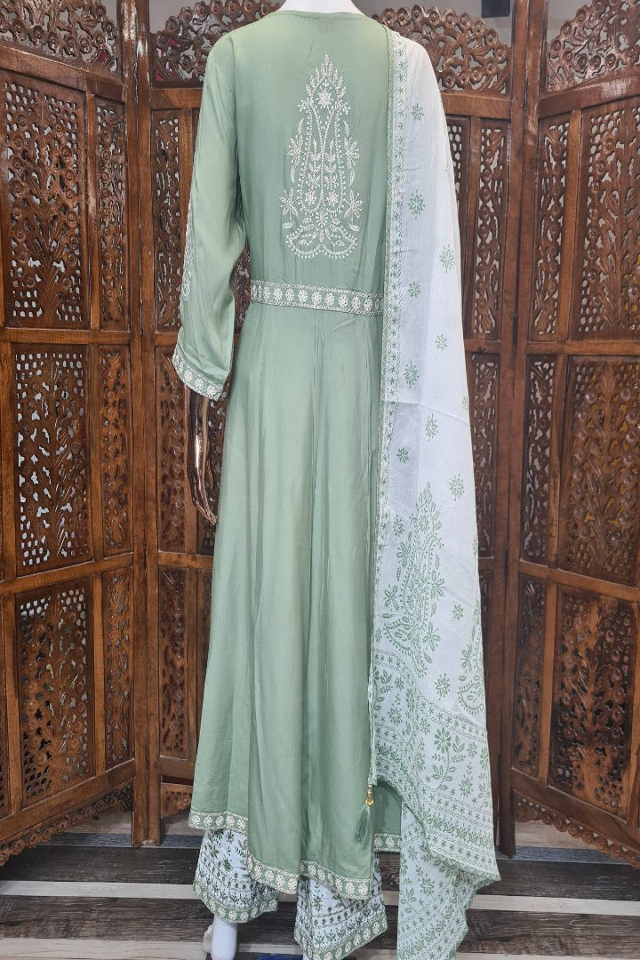 Anarkali Viscouse Chikan Thread Work Kurta Set in Green-spendworthclothing-Color_Pista Green,Cotton-Suits-sets,Easy-Returns,Free-Shipping,Item Type_Cotton Suits Sets,Item Type_Plazo Suits,Material_Viscose,Plazo-Suits,Size_Large,Size_XL,Speedy-Deliveries,SUIT-SETS