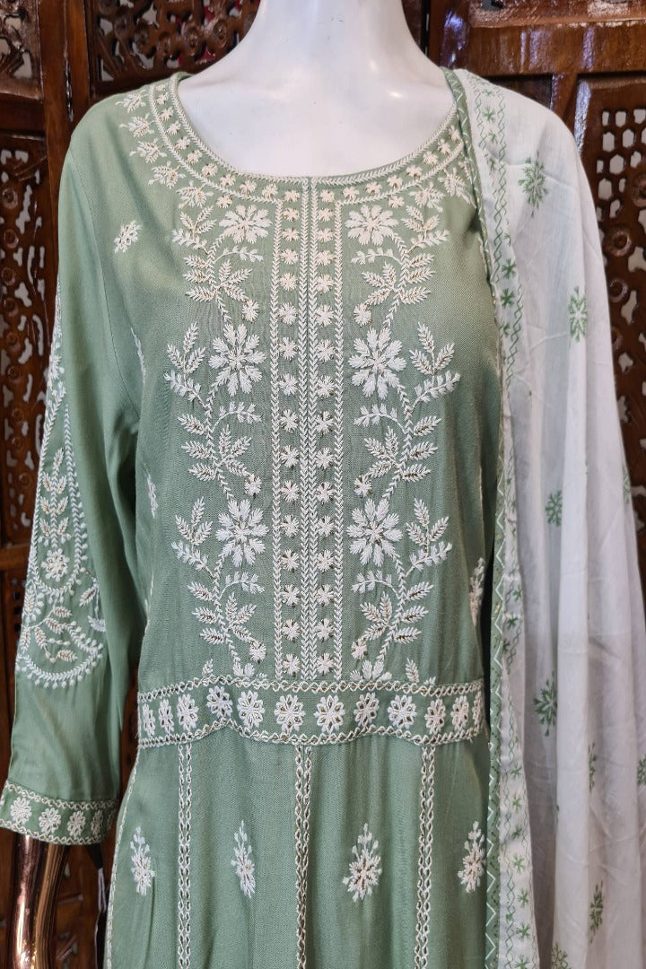 Anarkali Viscouse Chikan Thread Work Kurta Set in Green-spendworthclothing-Color_Pista Green,Cotton-Suits-sets,Easy-Returns,Free-Shipping,Item Type_Cotton Suits Sets,Item Type_Plazo Suits,Material_Viscose,Plazo-Suits,Size_Large,Size_XL,Speedy-Deliveries,SUIT-SETS