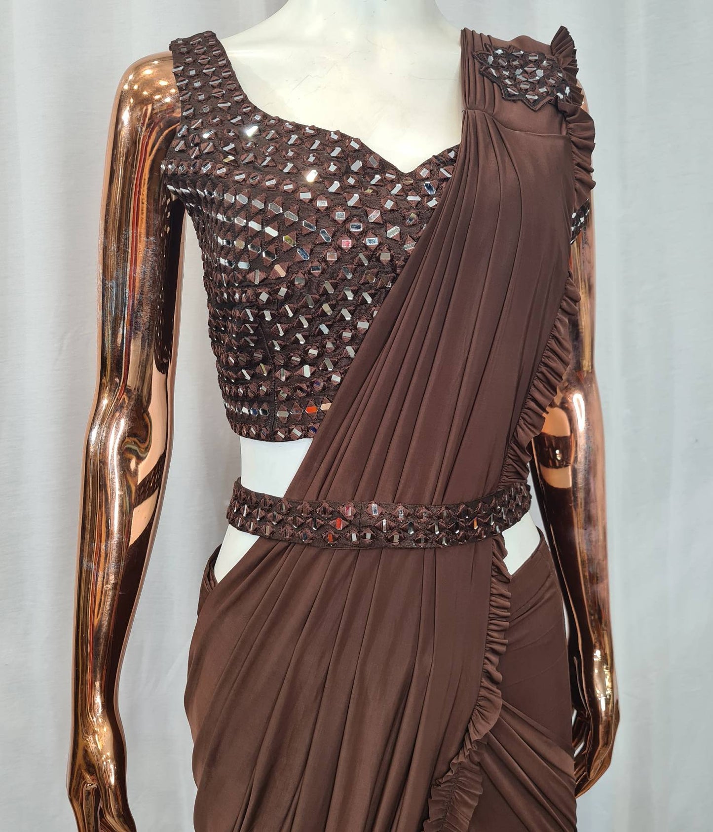 Designer Drape Saree In Brown-spendworthclothing-Color_Chocolate Brown,Drape-Dresses,Easy-Returns,Free-Shipping,FUSION-WEAR,Item Type_Drape Dresses,Material_Imported Lycra,Size_Large,Size_Medium,Size_Small,Speedy-Deliveries